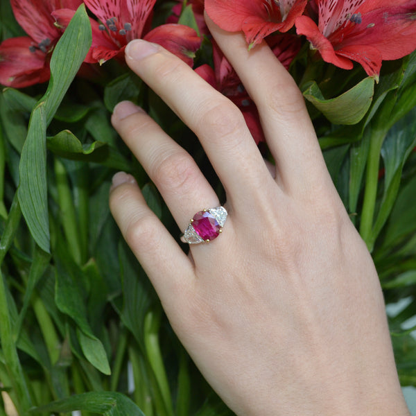 AFJ Gemstone Collection Burmese Ruby Ring with Diamonds 18k White Gold