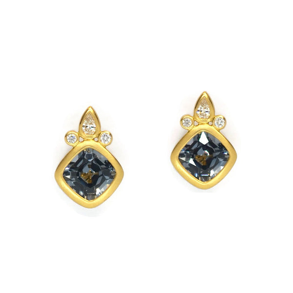 AF Jewelers - Gemstone Collection - Crown Bezel Set Studs with Grey Spinel and Diamonds, 18k Yellow Gold
