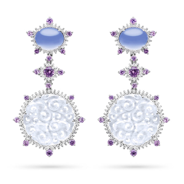 Paul Morelli Icy Jade Drop Earrings with Purple Sapphires and Diamonds,  18k White Gold