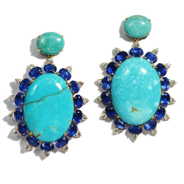 A Furst Sole Drop Earrings with Arizona Turquoise Kyanite and Diamonds 18k Yellow Gold