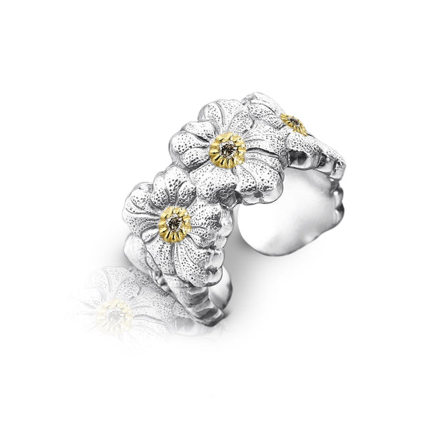 Buccellati - Blossoms Gardenia - Eternelle Band Ring with Brown Diamonds,  Sterling Silver with Gold Accents