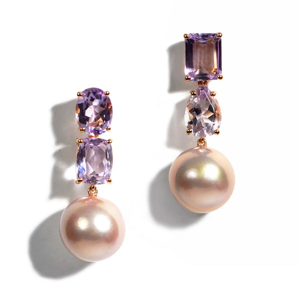 A & Furst - Bonbon - Drop Earrings with Rose de France and Pink Pearls, 18k Rose Gold