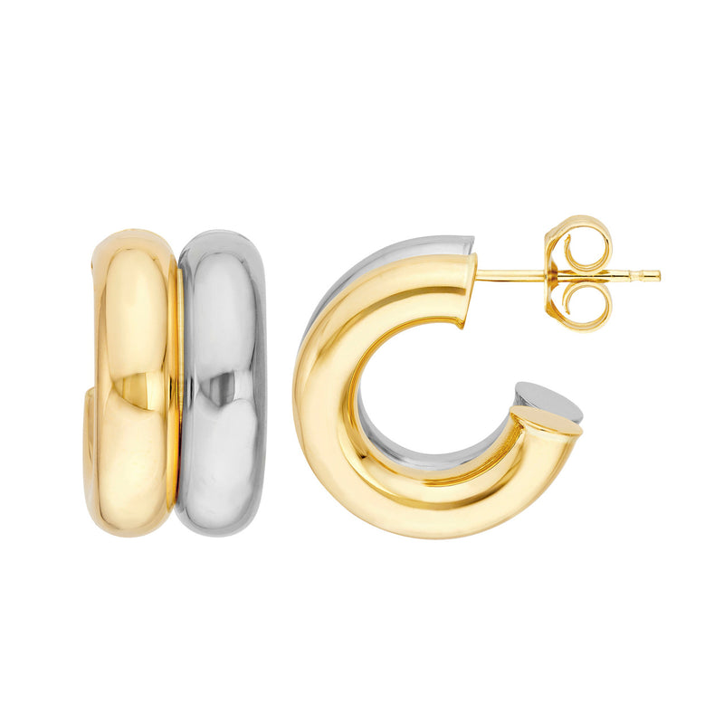 AFJ Gold Collection - 15mm Small Double Two-Tone Open Hoop Earrings, Yellow and White Gold