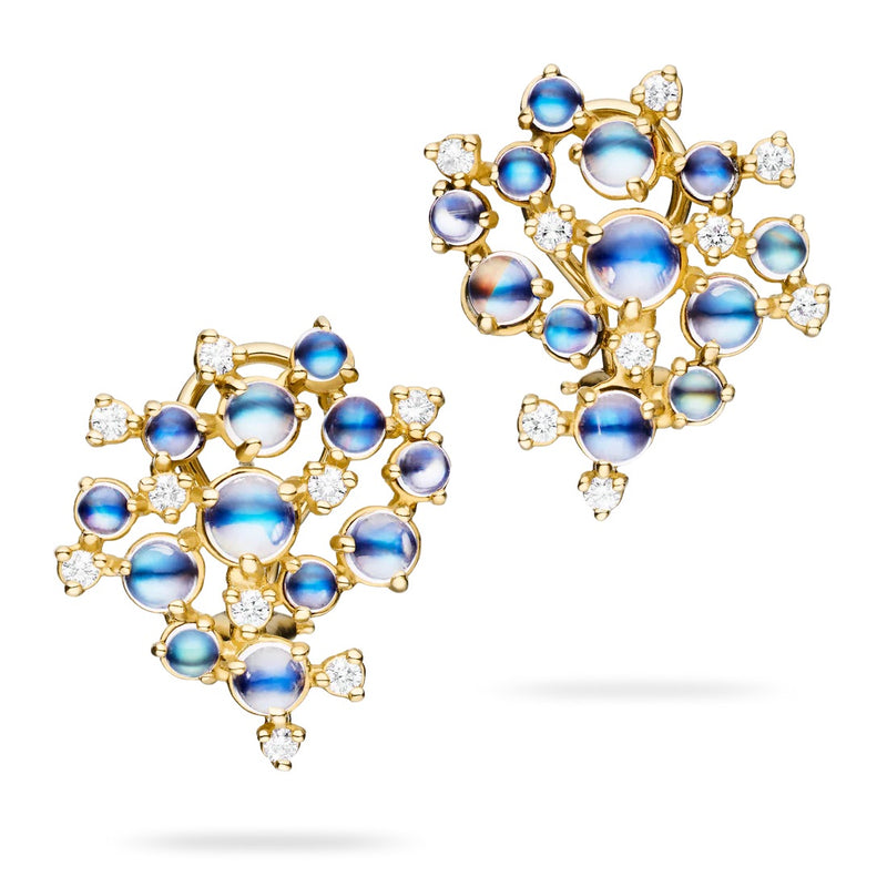 Paul Morelli - Bubble Cluster Clip Earrings with Diamonds and Moonstones, 18k Yellow Gold