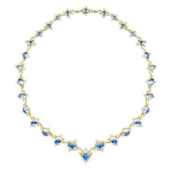 Paul Morelli  - Tiered - Chandelier Necklace with Diamonds and Blue Moonstones , 18k Yellow Gold