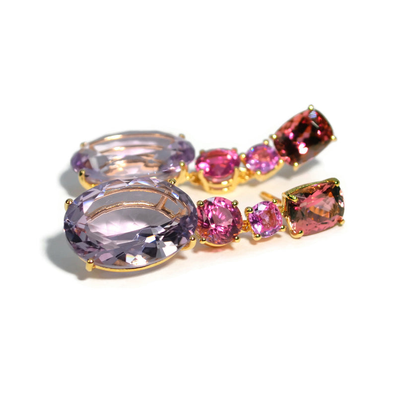 A & Furst - Party - Drop Earrings with Pink Tourmaline, Pink Sapphires and Rose de France, 18k Yellow Gold