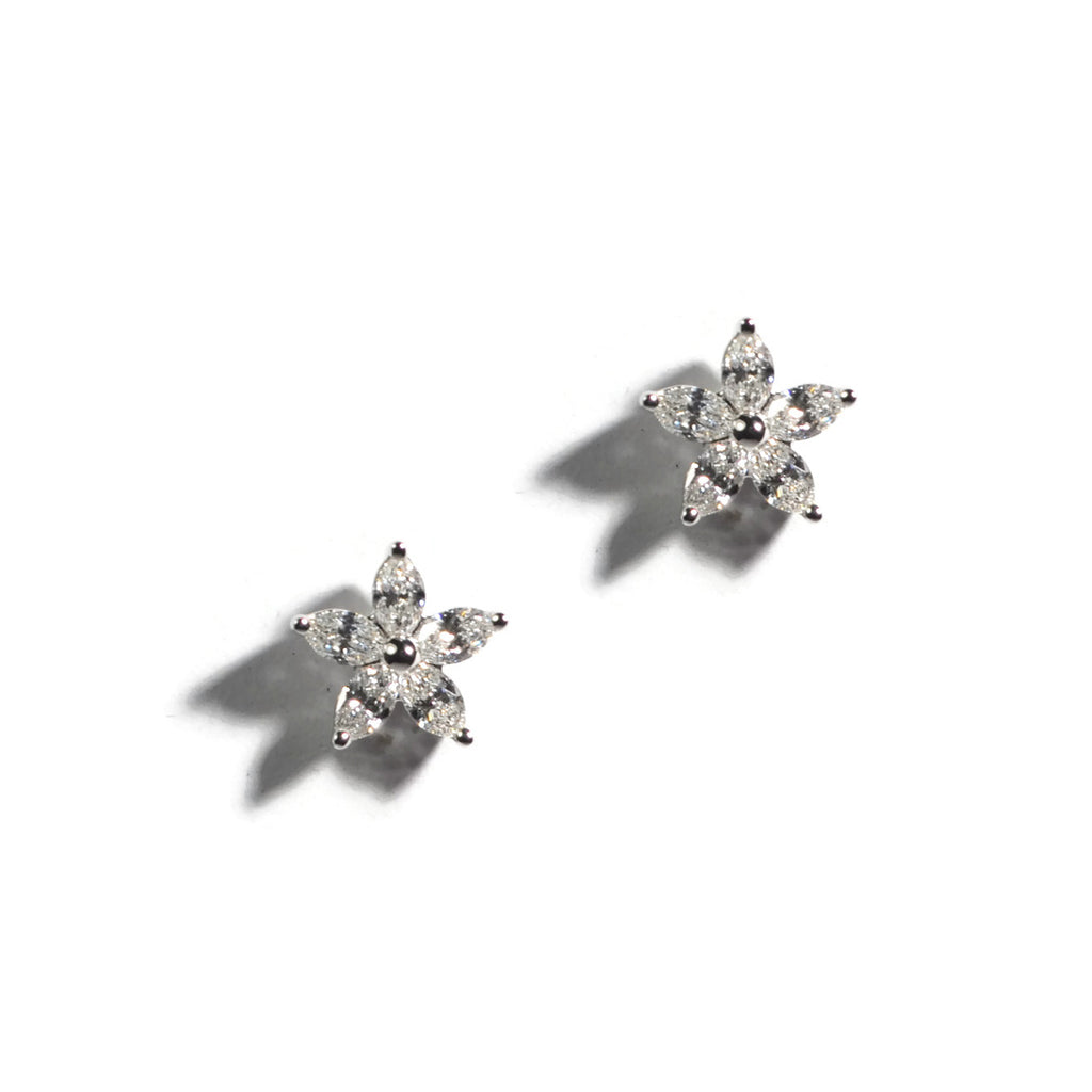 AFJ Diamond Collection - Flower Stud Earrings with Diamonds, White