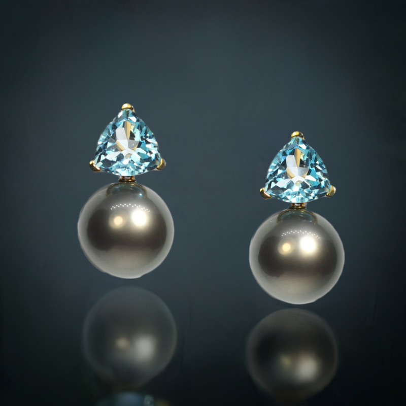 A & Furst - Bonbon - Drop Earrings with Blue Topaz and Black Tahitian Pearls, 18k Yellow Gold