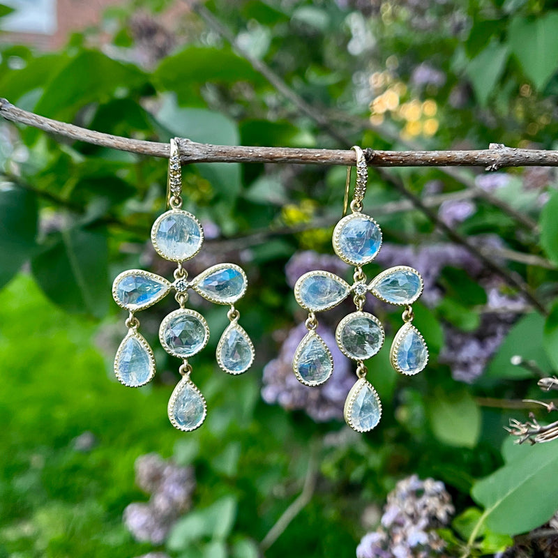 Lauren K - Chandelier Earrings with Rainbow Moonstone and Diamonds, 18k Yellow Gold