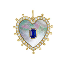 Lionheart - Lucia - Blue Sapphire and Gray Mother of Pearl Heart Medallion, Yellow Gold