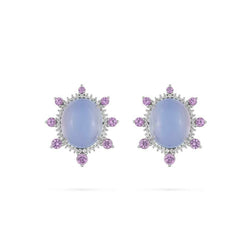 Paul Morelli  - Chalcedony Button Earrings with Purple Sapphires and Diamonds, 18k White Gold