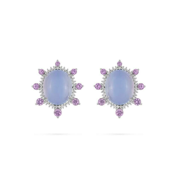 Paul Morelli  - Chalcedony Button Earrings with Purple Sapphires and Diamonds, 18k White Gold