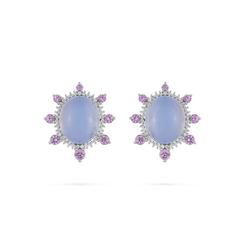 Paul Morelli  - Chalcedony Button Earrings with Purple Sapphires and Diamonds, 18k White Gold