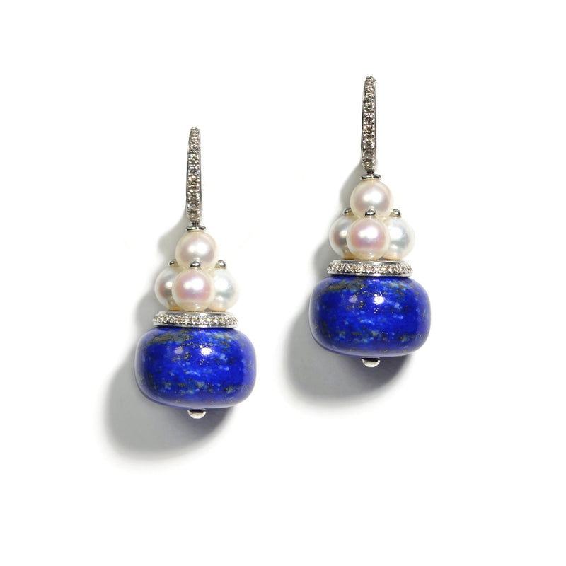 Eclat Jewels - One of a Kind Earrings with Lapis, Pearls, and Diamonds, 18k White Gold