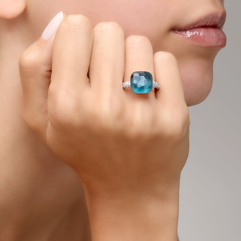 Pomellato - Nudo Maxi - Stackable Ring with London Blue Topaz and Diamonds, 18k White and Rose Gold