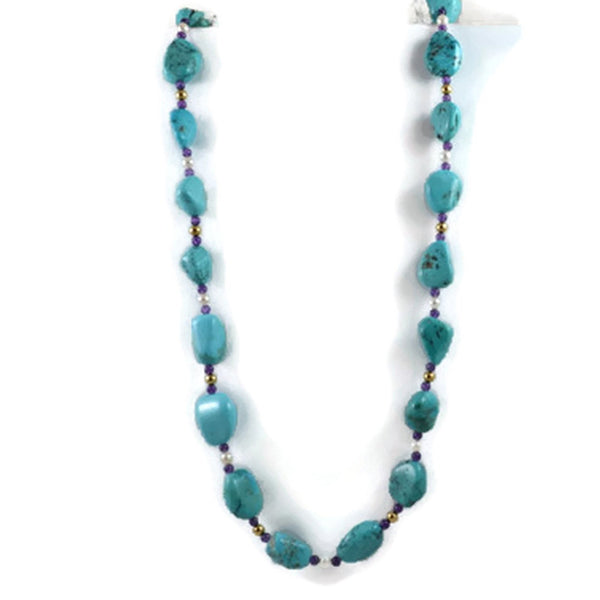 AF-JEWELERS-NECKLACE-STRAND-TURQUOISE-NUGGET-AMETHYST-PEARLS-YELLOW-GOLD