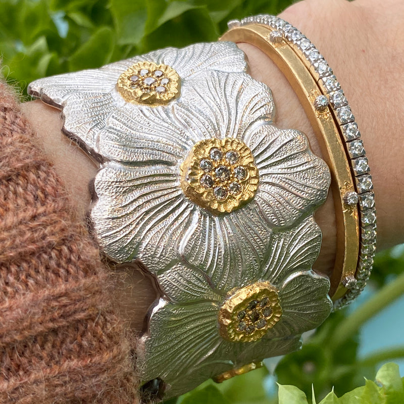 Buccellati - Blossoms Gardenia - Cuff Bracelet with Brown Diamond, Sterling Silver with Gold Accents