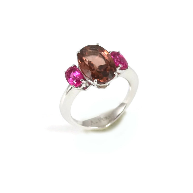 A & Furst - Marrakech - 3 Stones Ring with Padparadsha Zircon and Rubellite (Tourmaline), 18k White Gold
