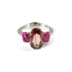 A & Furst - Marrakech - 3 Stones Ring with Padparadsha Zircon and Rubellite (Tourmaline), 18k White Gold