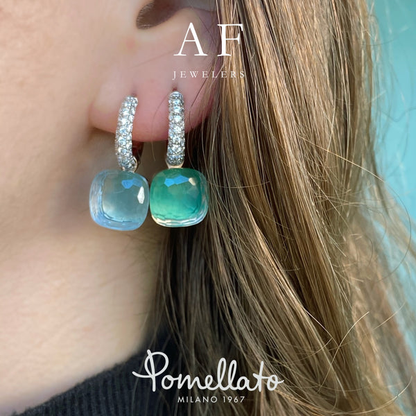 Pomellato - Nudo Classic - Earrings with Blue Topaz on White Agate and Diamonds, 18k White and Rose Gold