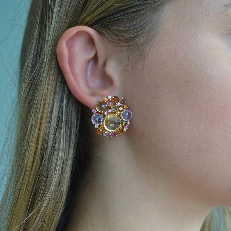 A & Furst - Bouquet - Cluster Earrings with Color Gemstones, Sapphires and Diamonds 18k Rose Gold