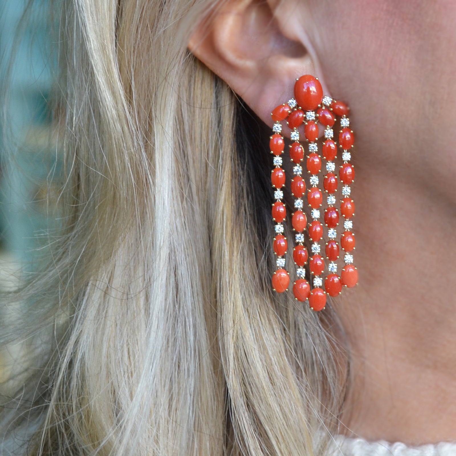 A Furst Nightlife Chandelier Earrings with Red Coral and Diamonds 18k Yellow Gold