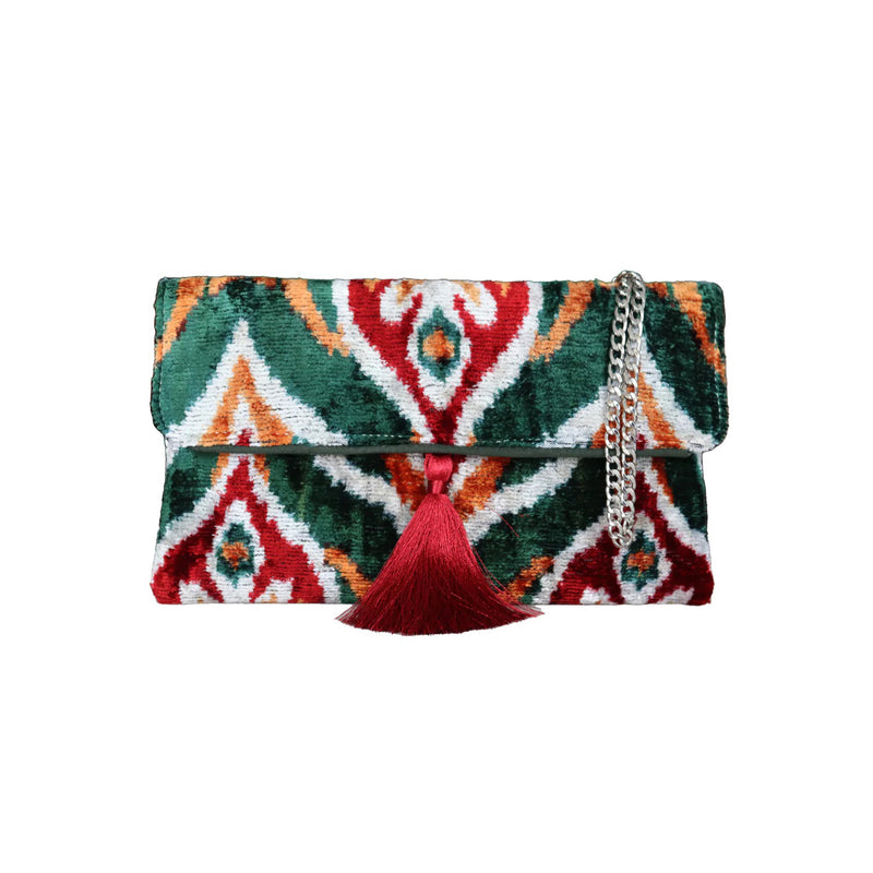 AF Silk Ikat Handbag - Clutch with Tassel - Blue and Red Stripes