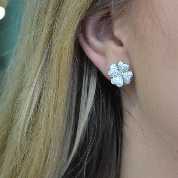 AFJ Diamond Collection - Diamond Pave Flower Stud Earrings, 18k White Gold