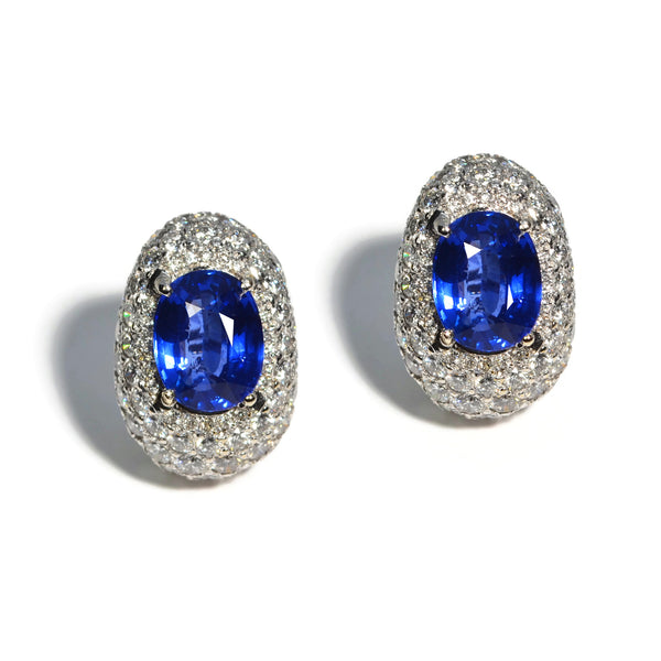 Eclat Jewels One of Kind Button Earrings with Oval Blue Sapphires and Diamonds, 18k White Gold