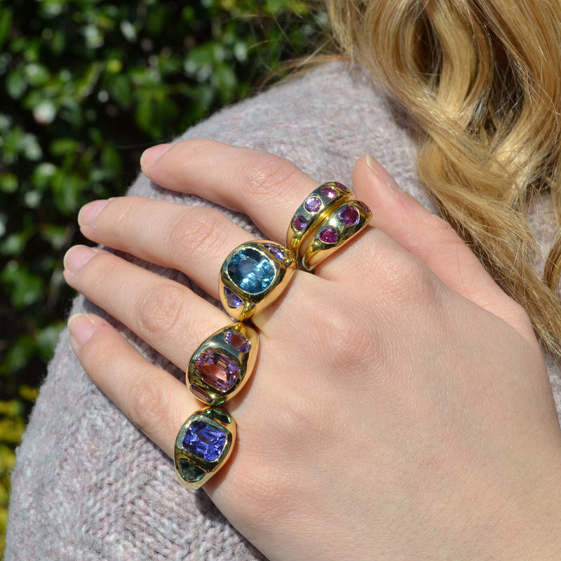Lauren K - Gypsy Ring with Natural Blue Zircon and Tanzanite, 18k Yellow Gold